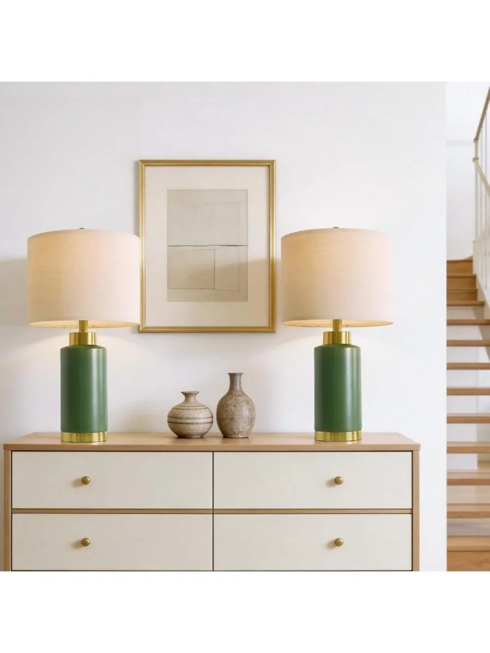 Set of 2 Modern Green Ceramic Table Lamps - Mid-Century Nightstand Lighting